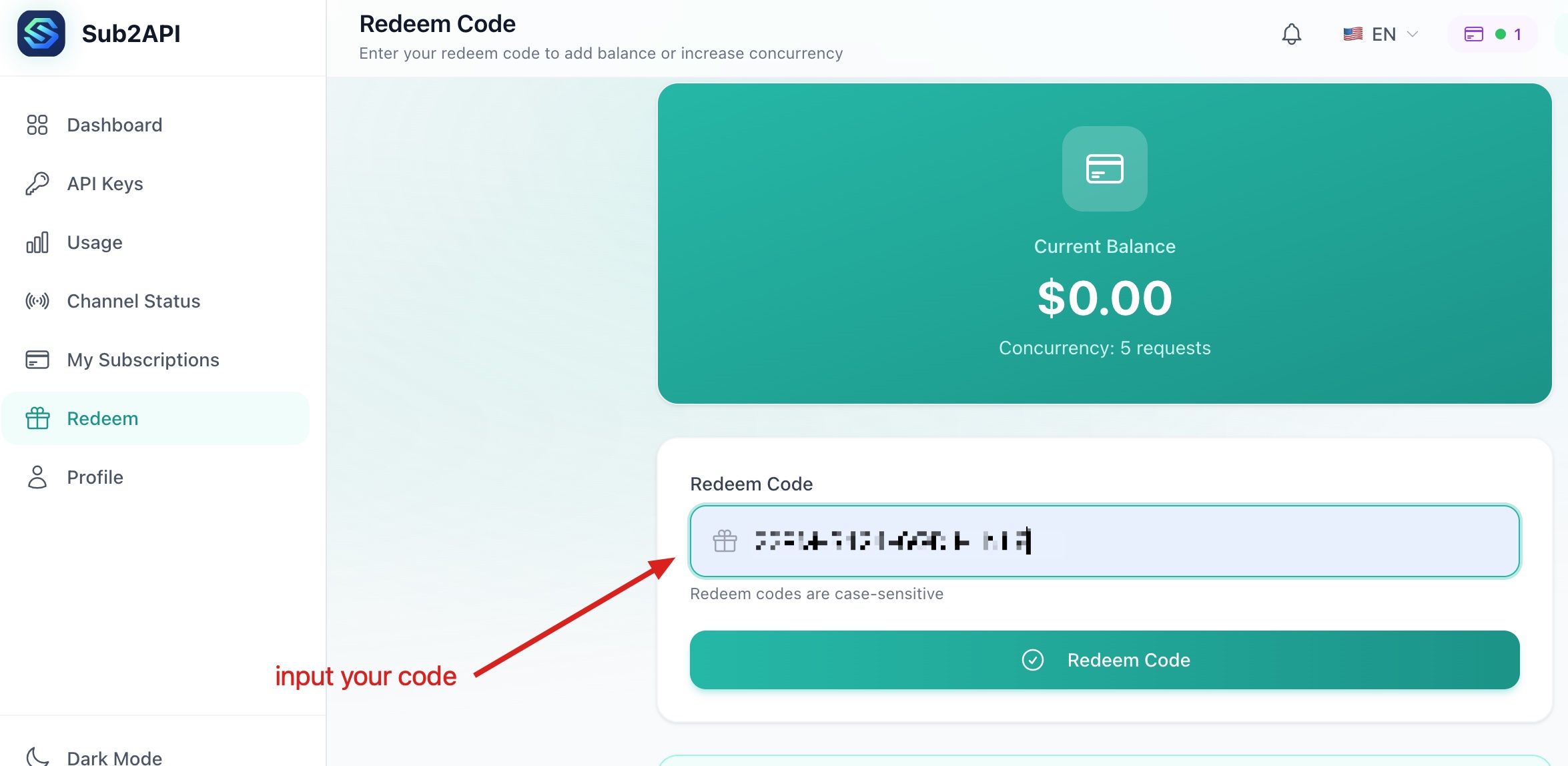 Enter Redeem Code