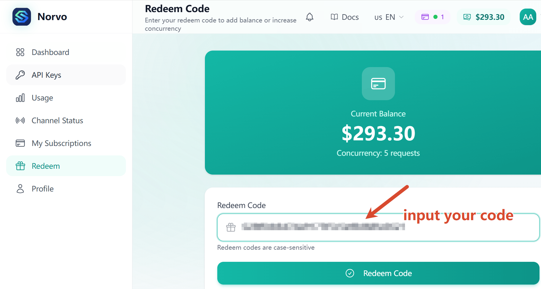 Enter Redeem Code